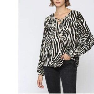 FATE Zebra Blouse Large Womens Top Rayon Animal Print Long Sleeve NWOT
